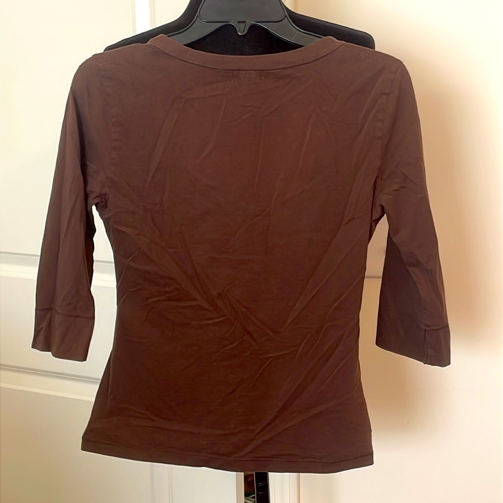 Lilla P Brown Cross Front 3/4 Sleeve 100% Pima Cotton Top Size L - Picture 2 of 4